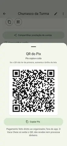 Tela do app exibindo o QR do Pix do organizador, com o aviso de que o pagamento é feito direto ao organizador, fora do app.